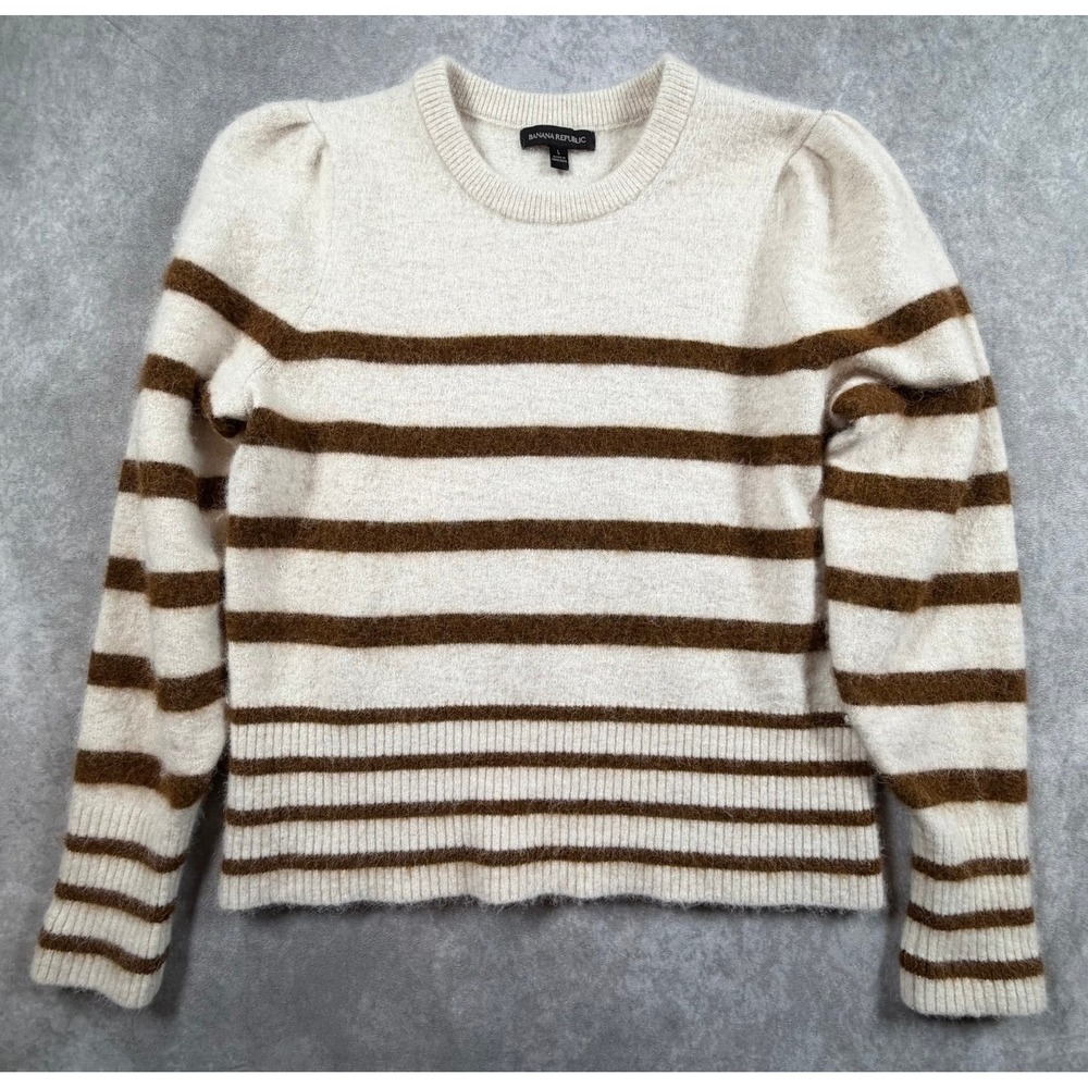 Banana Republic Womens Large Sweater Alpaca Wool Cream Brown Stripe Puff Sleeve